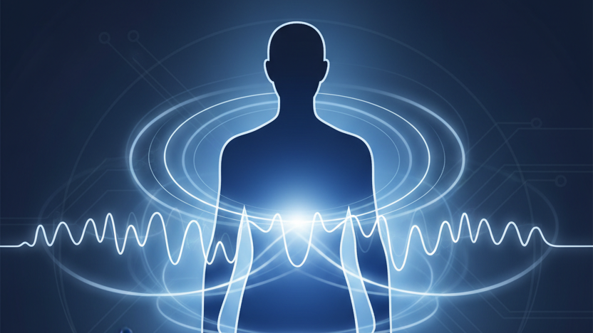 An abstract visual showing human energy field frequencies and grounding support to combat technology interference and dizziness.