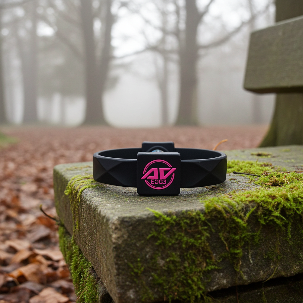 Black with pink bracelet (with EF technology, frequencies, not magnets, that may protect against modern technology EMFs and improve health and performance by stimulating the production of adenosine triphosphate/ATP) on a stone wall covered with moss
