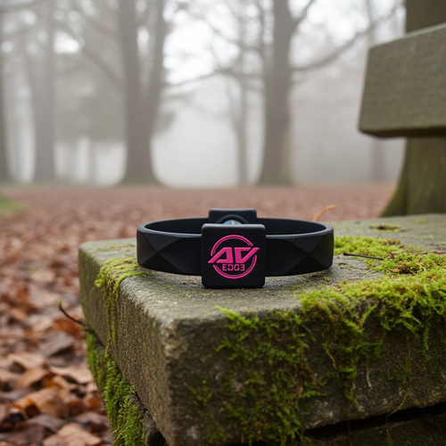 Black with pink bracelet (with EF technology, frequencies, not magnets, that may protect against modern technology EMFs and improve health and performance by stimulating the production of adenosine triphosphate/ATP) on a stone wall covered with moss