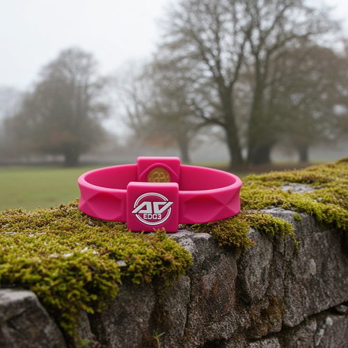 Cranberry bracelet (with EF technology, frequencies, not magnets, that may protect against modern technology EMFs and improve health and performance by stimulating the production of adenosine triphosphate/ATP) on a stone wall covered with moss