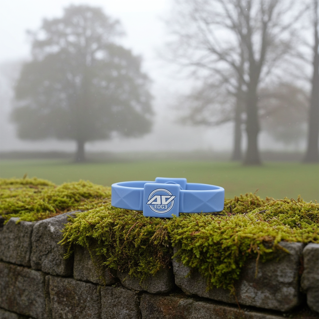 Sky blue bracelet (with EF technology, frequencies, not magnets, that may protect against modern technology EMFs and improve health and performance by stimulating the production of adenosine triphosphate/ATP) on a stone wall covered with moss