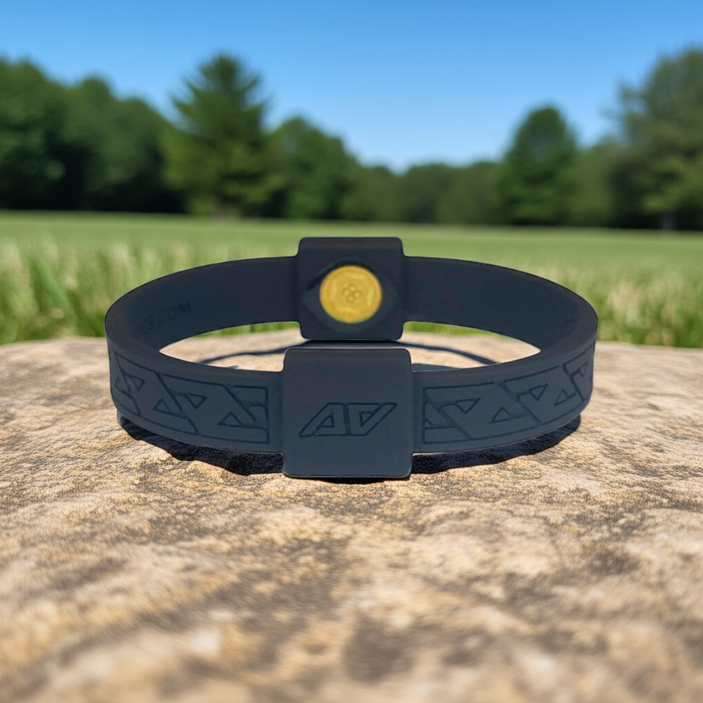 Black AV Edge LEGEND wristband and bracelet resting on a dark, sun-baked rock in a lush green summer landscape under a clear blue sky, suggesting enhanced performance, energy, and overall health and well-being.
