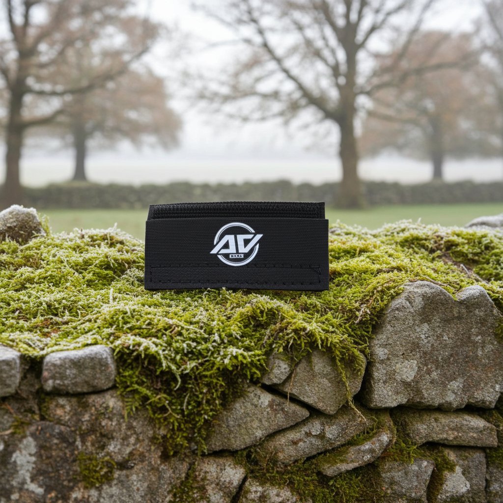Dog collar patch in Black (with EF technology, frequencies, not magnets, that may protect against modern technology EMFs and improve health and performance by stimulating the production of adenosine triphosphate/ATP) on a Stonewall covered with moss