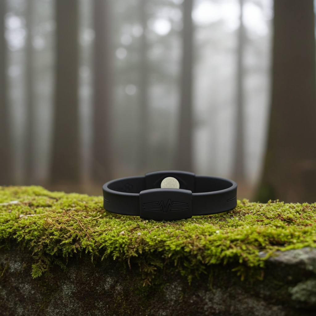 Black health and performance bracelet (with EF technology, frequencies, not magnets, that may protect against modern technology EMFs and improve health and performance by stimulating the production of adenosine triphosphate/ATP) on a stone wall with moss