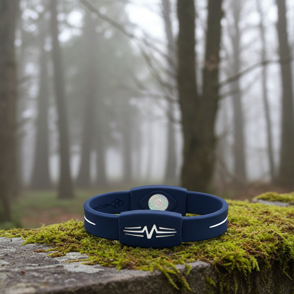 Blue health and performance bracelet (with EF technology, frequencies, not magnets, that may protect against modern technology EMFs and improve health and performance by stimulating the production of adenosine triphosphate/ATP) on a stone wall with moss