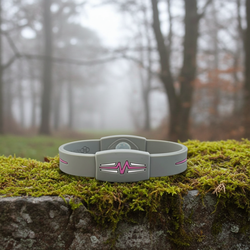 Grey health and performance bracelet (with EF technology, frequencies, not magnets, that may protect against modern technology EMFs and improve health and performance by stimulating the production of adenosine triphosphate/ATP) on a stone wall with moss