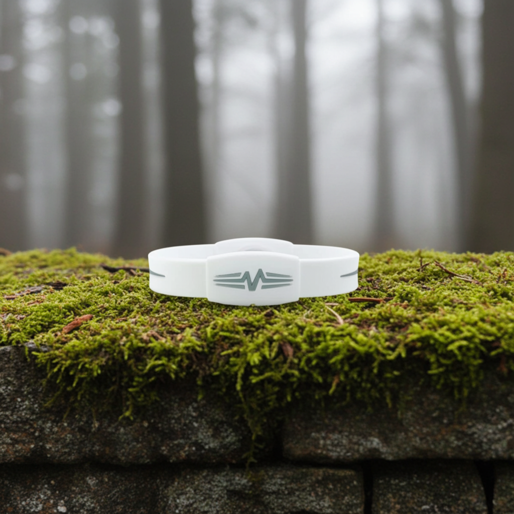 White health and performance bracelet (with EF technology, frequencies, not magnets, that may protect against modern technology EMFs and improve health and performance by stimulating the production of adenosine triphosphate/ATP) on a stone wall with moss