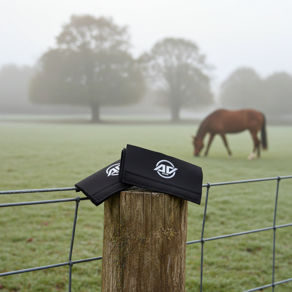 Horse bridle/collar patches in Black (with EF technology, frequencies, not magnets, that may protect against modern technology EMFs and improve health and performance by stimulating the production of adenosine triphosphate/ATP) on a wooden fence post