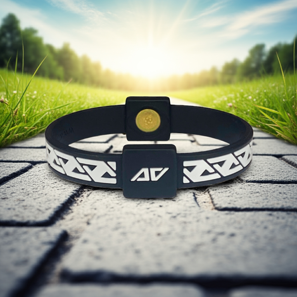 White and black AV Edge LEGEND wristband and bracelet resting on a smooth, light grey path in a vibrant green summer outdoor setting, symbolizing enhanced energy, balance, and overall well-being and performance.