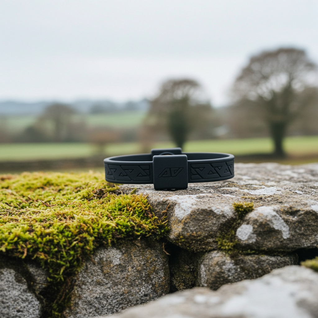 Black bracelet (with EF technology, frequencies, not magnets, that may protect against modern technology EMFs and improve health and performance by stimulating the production of adenosine triphosphate/ATP) on a stone wall covered with moss