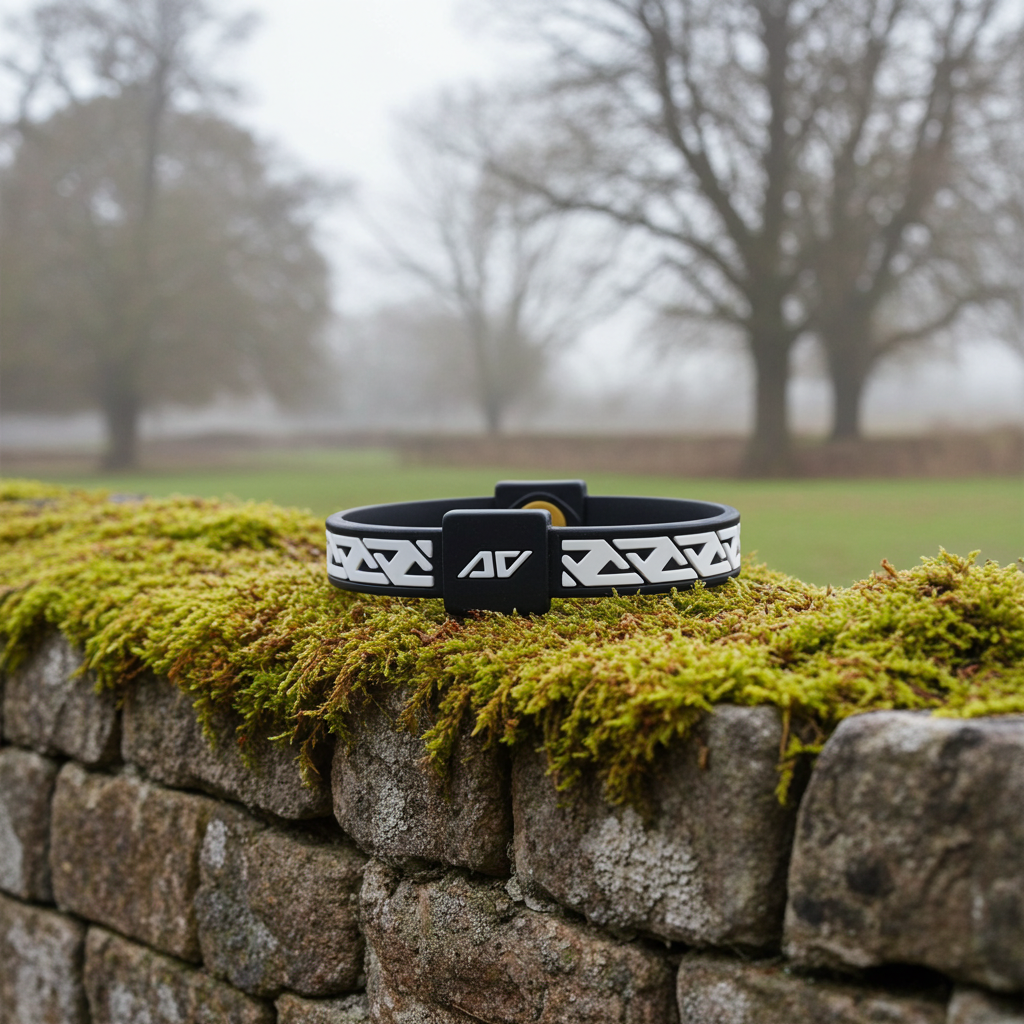 Black and white bracelet (with EF technology, frequencies, not magnets, that may protect against modern technology EMFs and improve health and performance by stimulating the production of adenosine triphosphate/ATP) on a stone wall covered with moss
